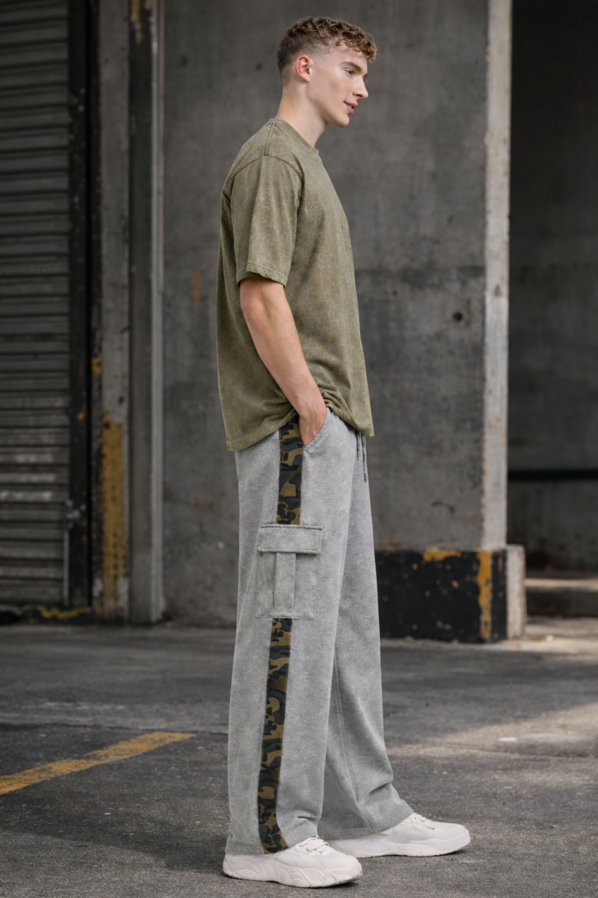 Men Olive Textured T-Shirt with Grey Cargo Joggers Co-Ord Set