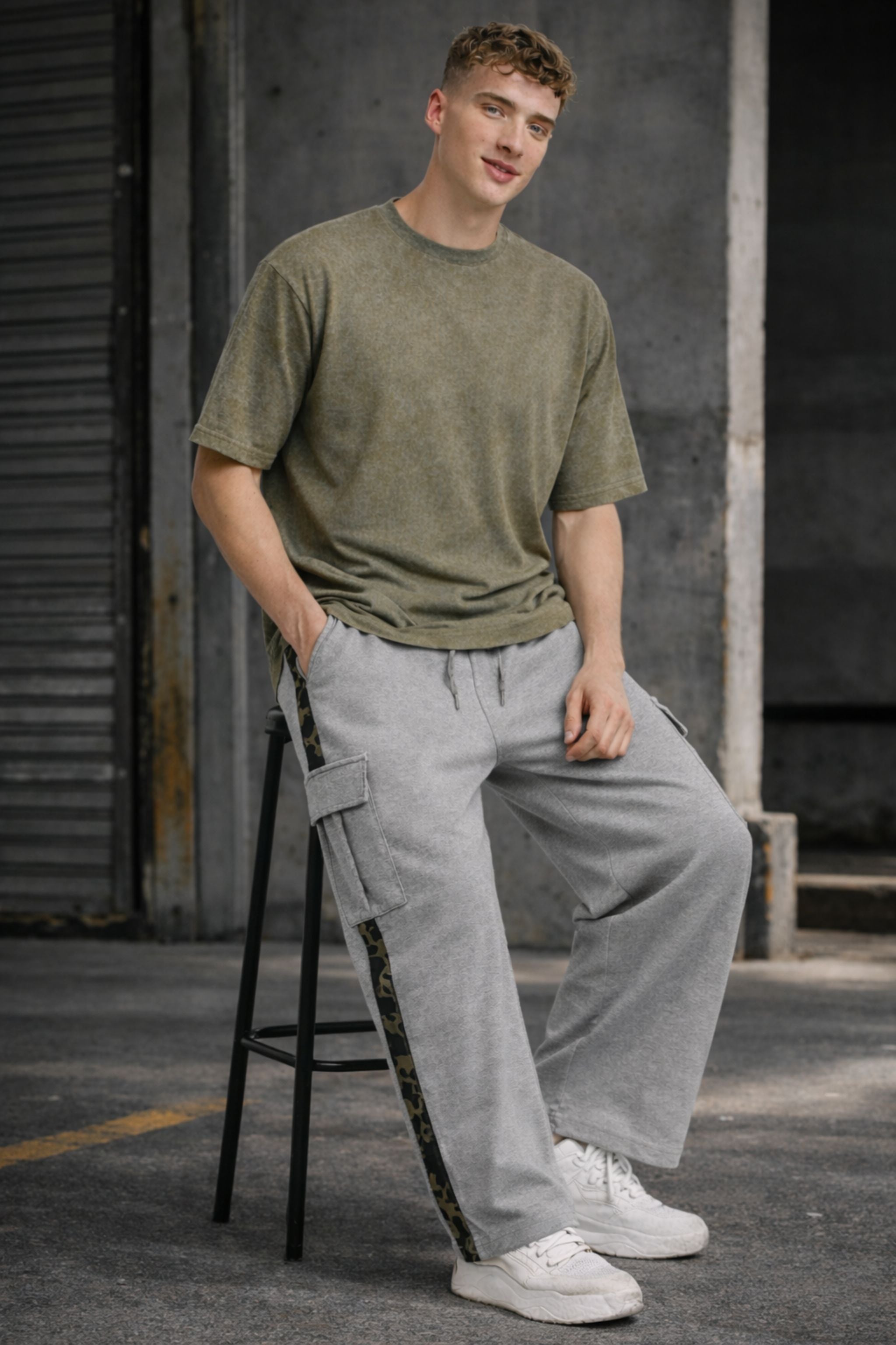 Men Olive Textured T-Shirt with Grey Cargo Joggers Co-Ord Set