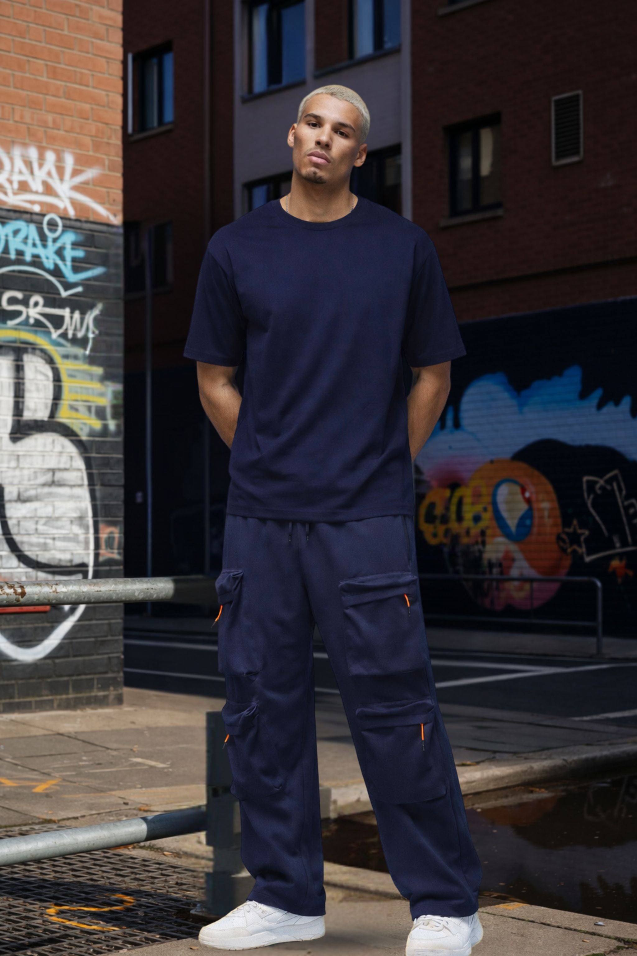 Men Navy Blue T-Shirt with Cargo Pants Co-Ord Set