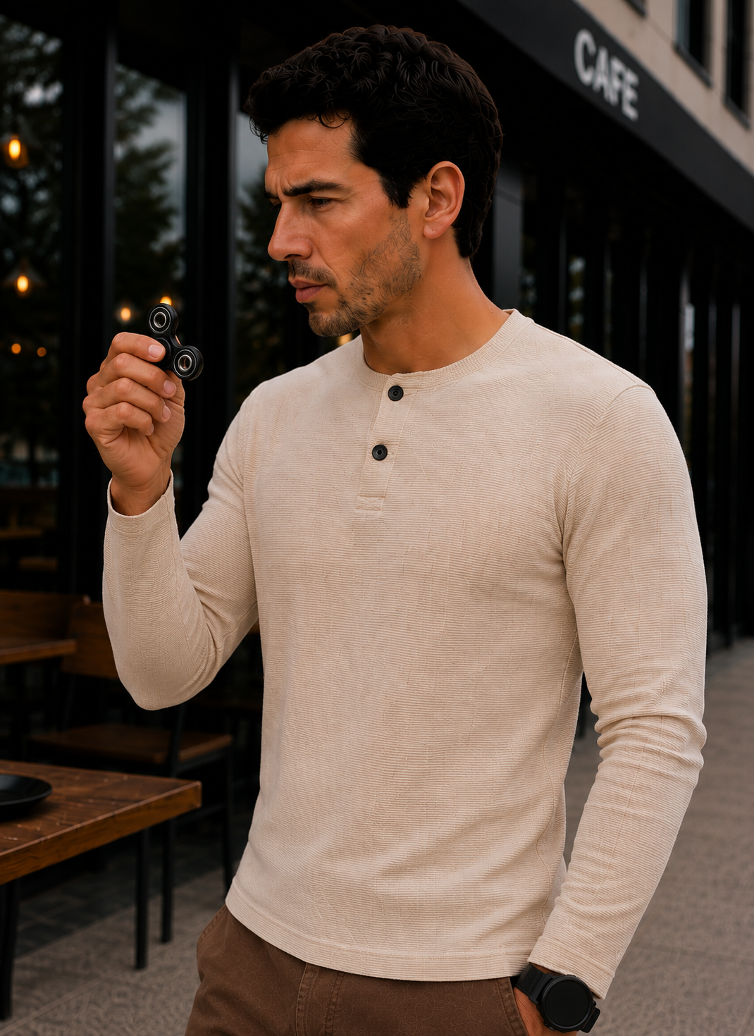 Men's Regular Fit Solid Full Sleeve  Beige T- Shirt