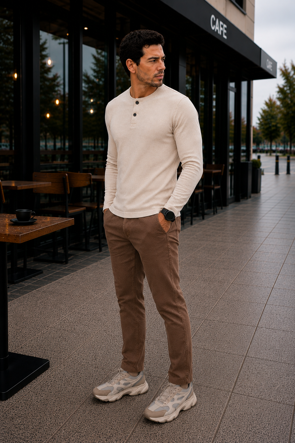 Men's Regular Fit Solid Full Sleeve  Beige T- Shirt