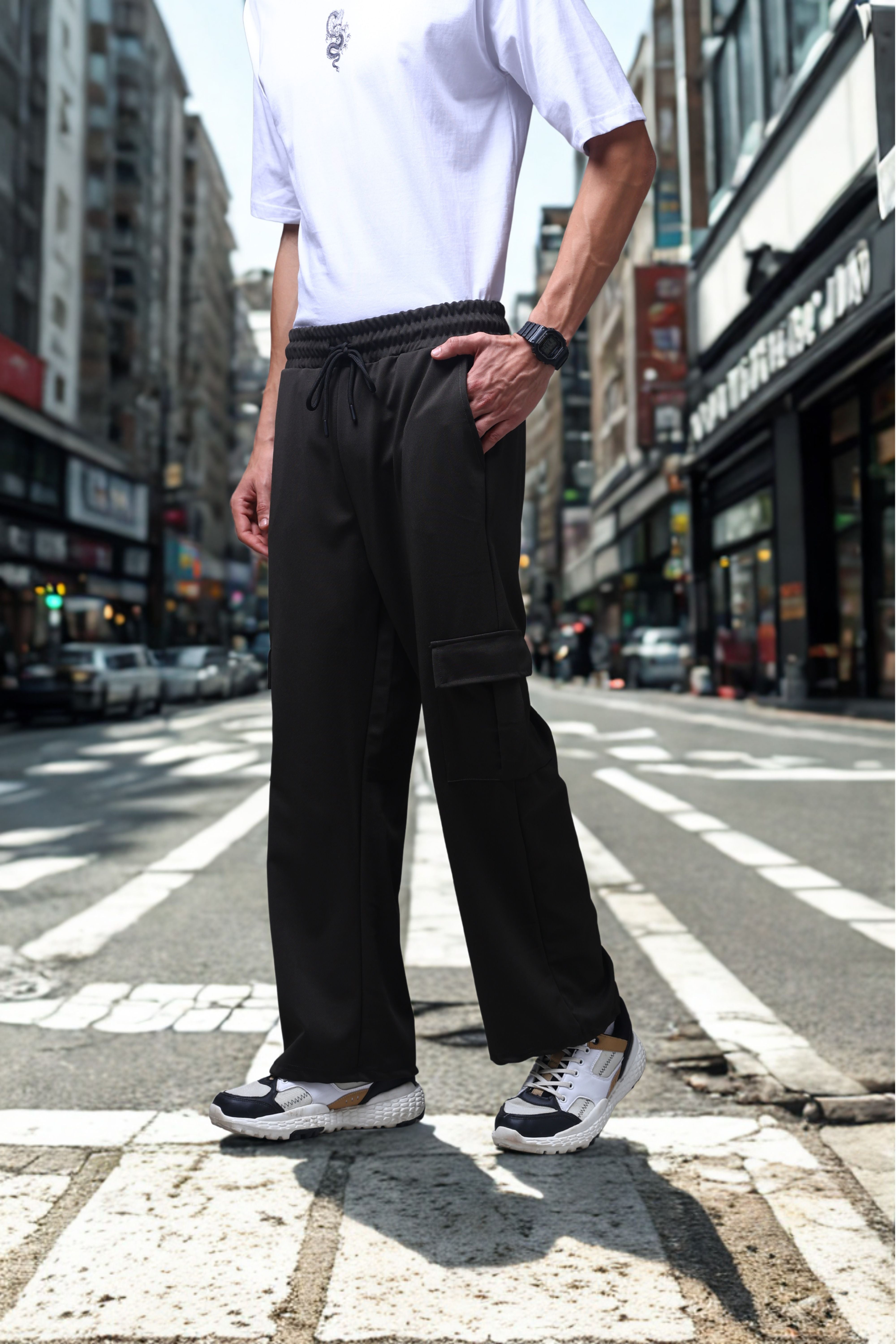 Men's Solid Black Loose Fit Cargo Pants