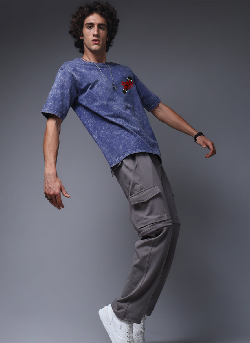 Acid Wash Blue Oversized T-Shirt with Skateboard Graphic