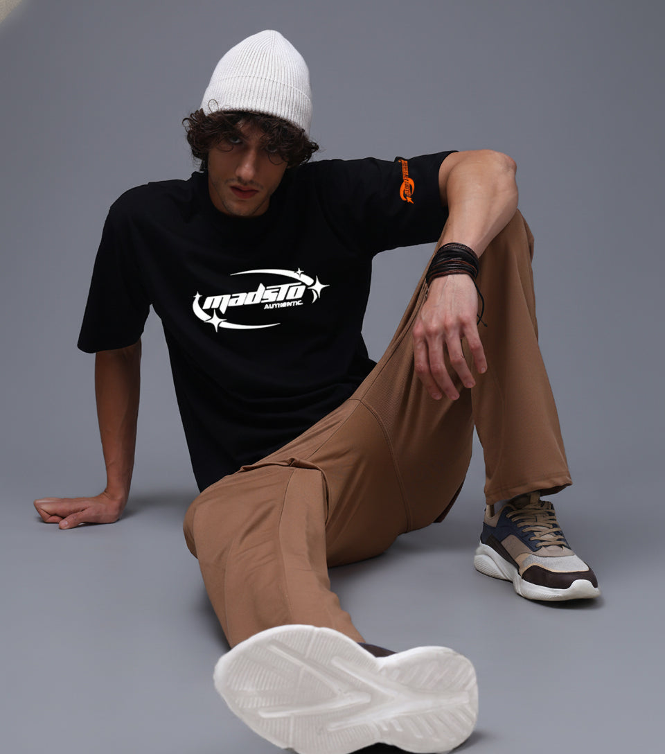 Men Black Oversized Graphic Print Cotton T-Shirt