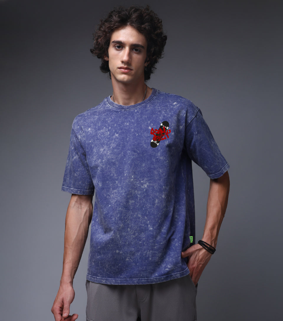 Acid Wash Blue Oversized T-Shirt with Skateboard Graphic