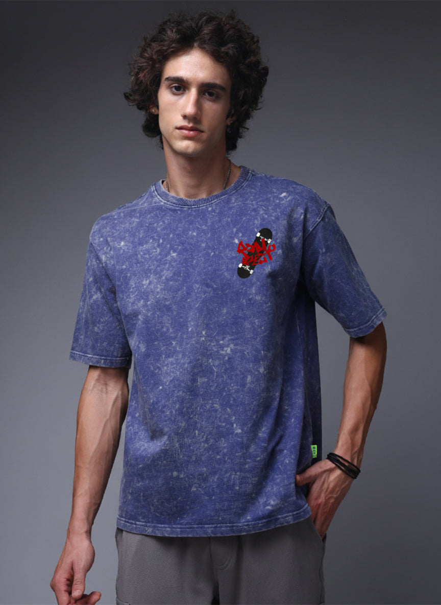 Acid Wash Blue Oversized T-Shirt with Skateboard Graphic