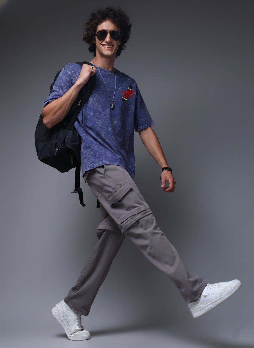 Acid Wash Blue Oversized T-Shirt with Skateboard Graphic