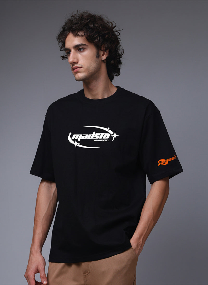 Men Black Oversized Graphic Print Cotton T-Shirt