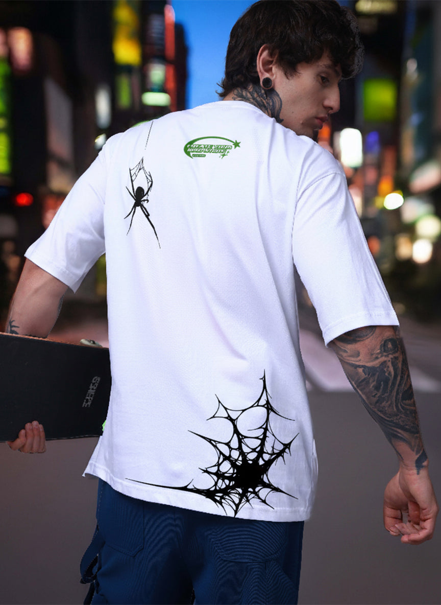 Men’s White Spider Web Graphic Oversized T-Shirt