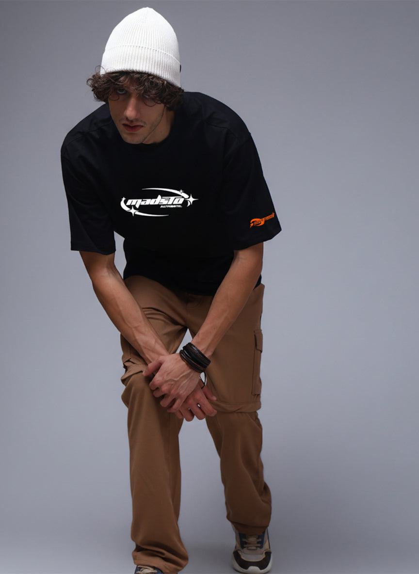 Men Black Oversized Graphic Print Cotton T-Shirt