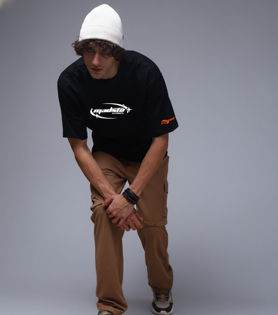 Men Black Oversized Graphic Print Cotton T-Shirt