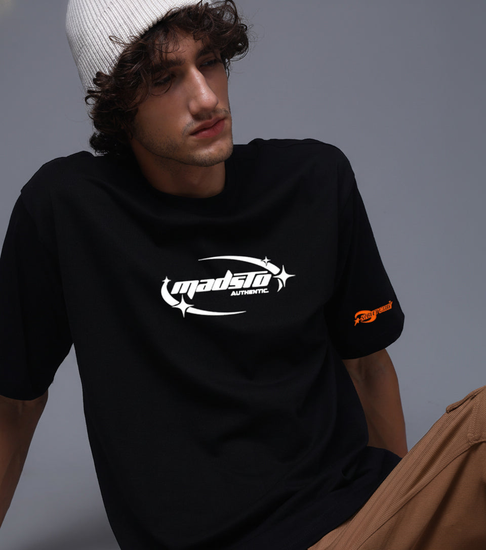 Men Black Oversized Graphic Print Cotton T-Shirt