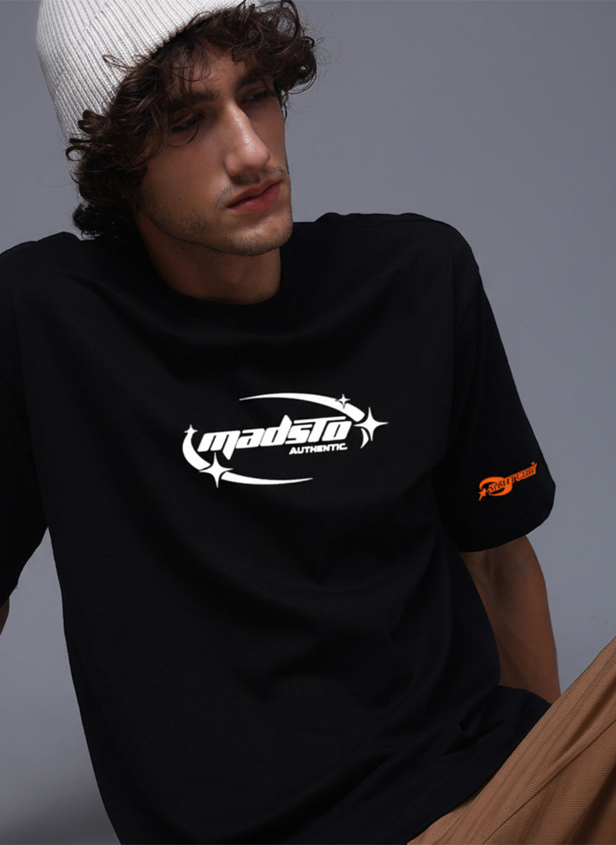 Men Black Oversized Graphic Print Cotton T-Shirt