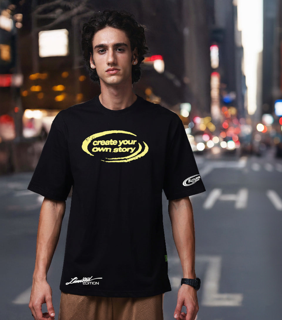 Men Black Oversized Graphic Print Cotton T-Shirt