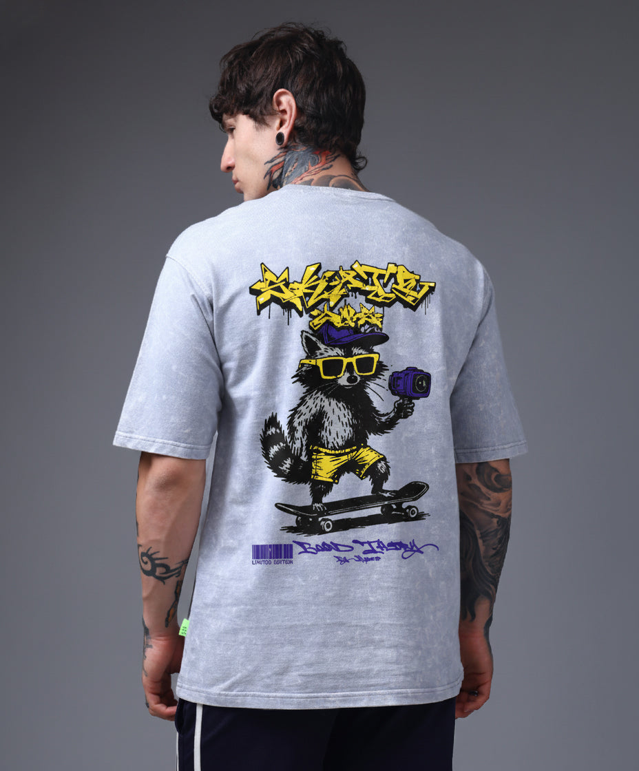 Grey Acid Wash Oversized T-Shirt with Street Graphic Print