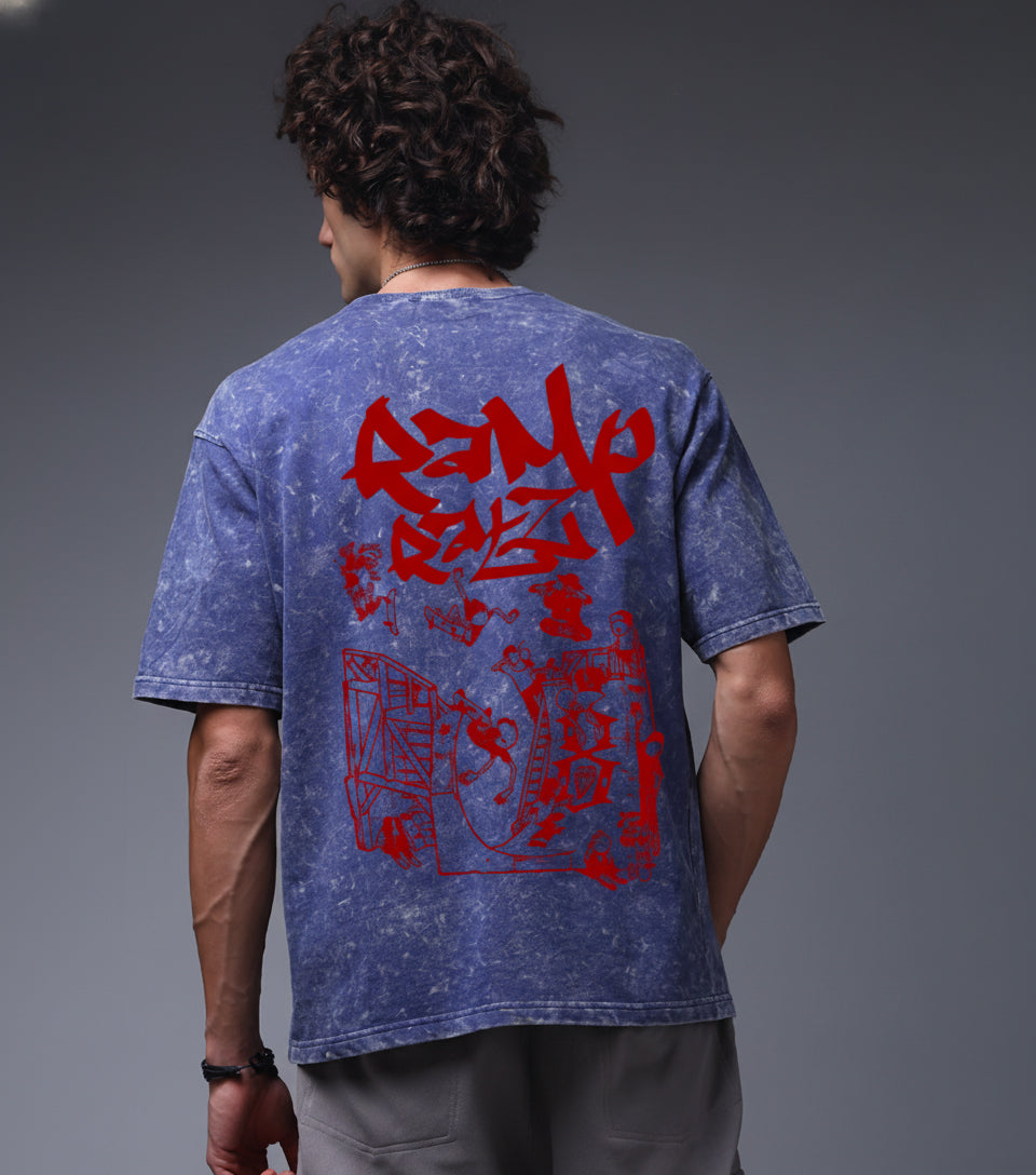 Acid Wash Blue Oversized T-Shirt with Skateboard Graphic