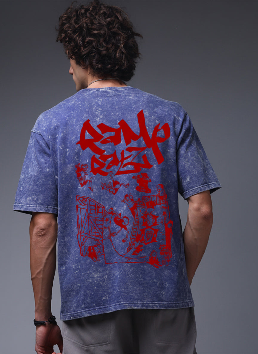 Acid Wash Blue Oversized T-Shirt with Skateboard Graphic