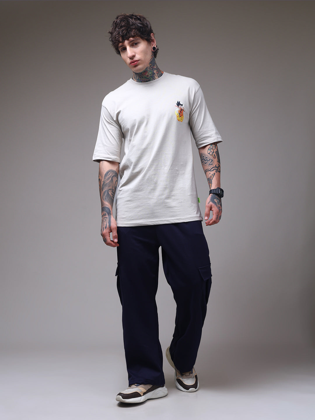 Men's Oversized Backprint  Anime Beige Tshirt