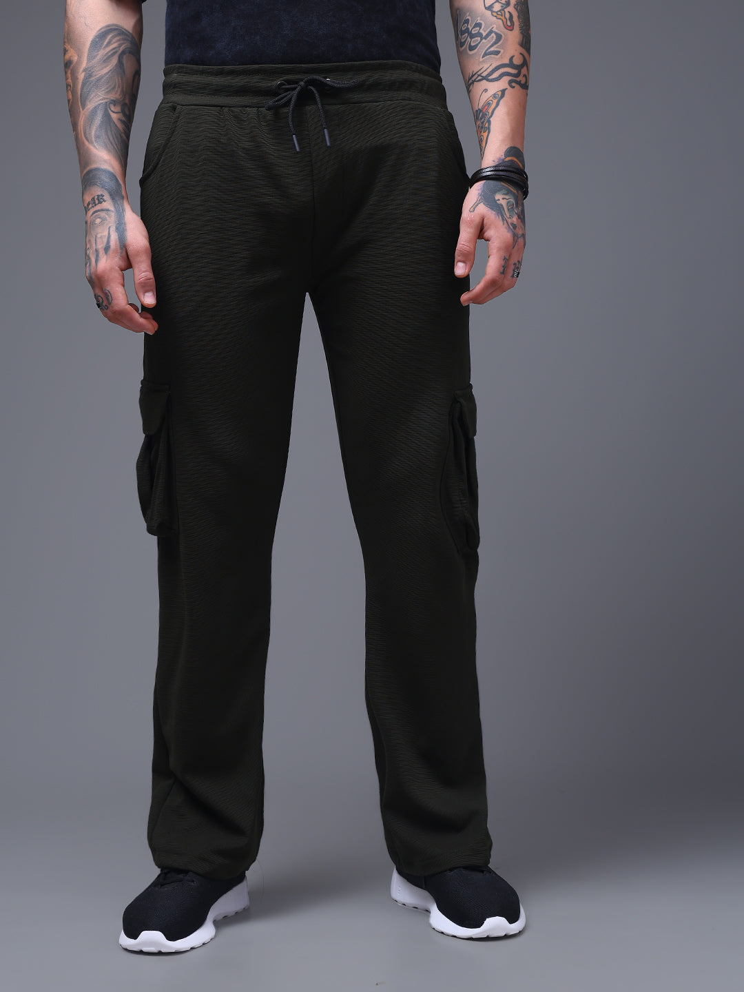 Men's Solid Olive Wide Leg Cargo Pants