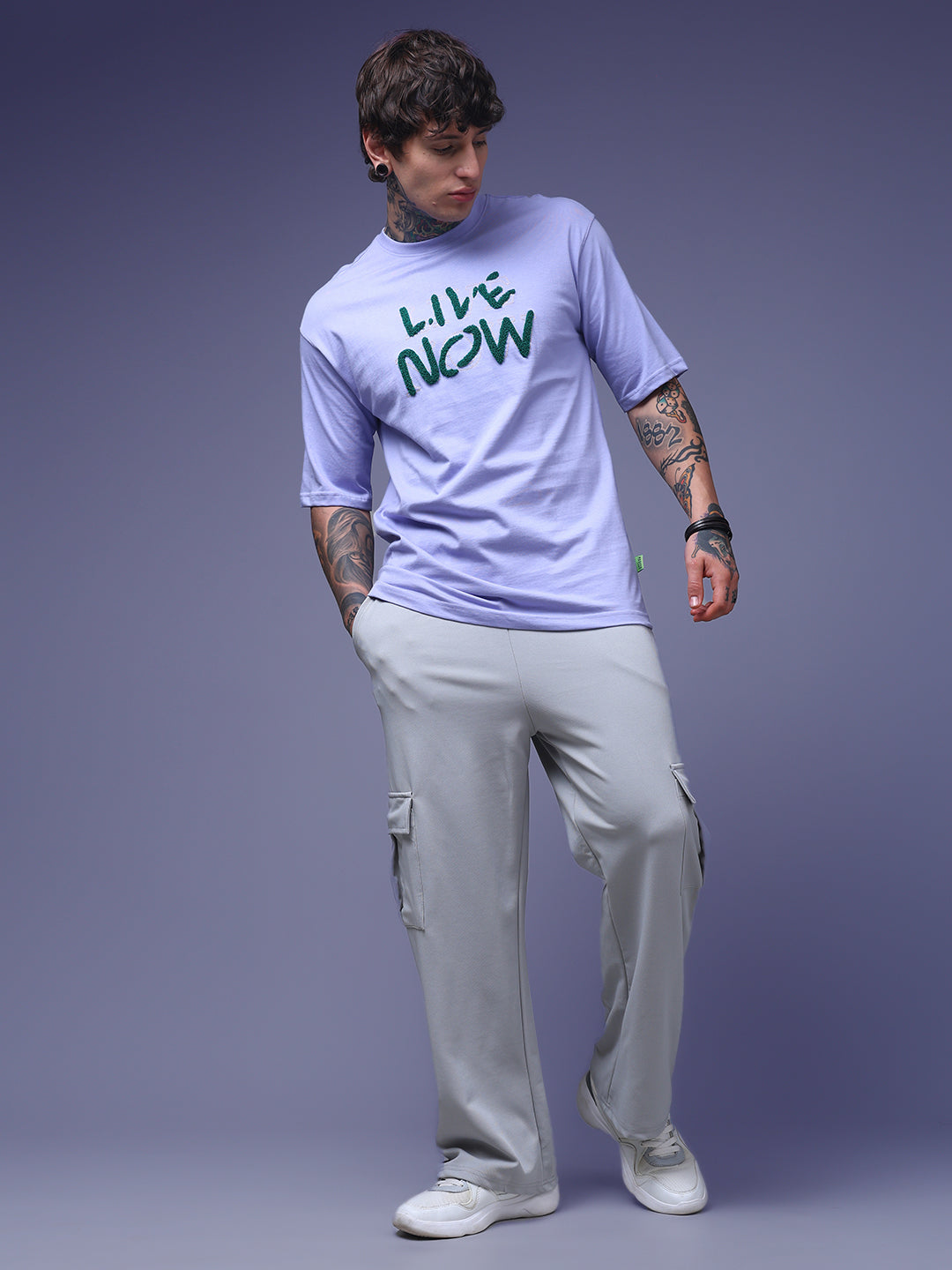 Men's Oversized Embroided Print Lilac Tshirt