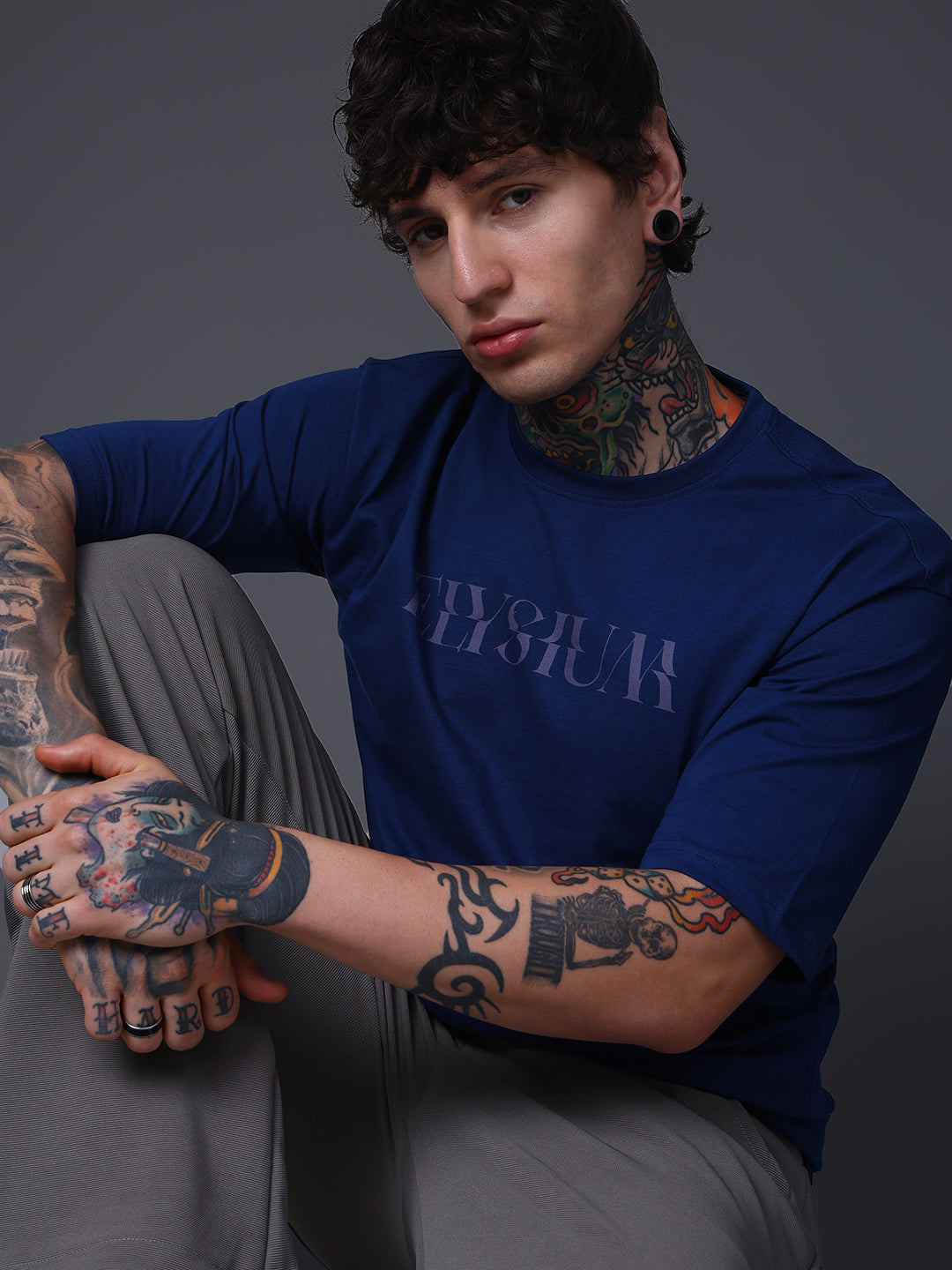 Men's Oversized Backprint Blue Tshirt