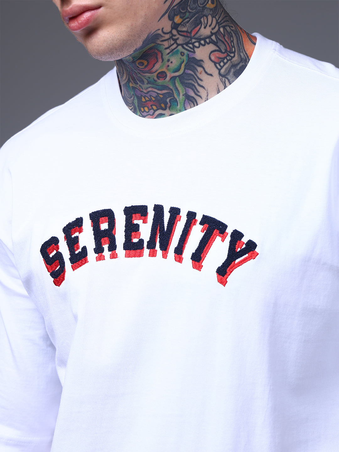 Men's Oversized Embroided Print White Tshirt