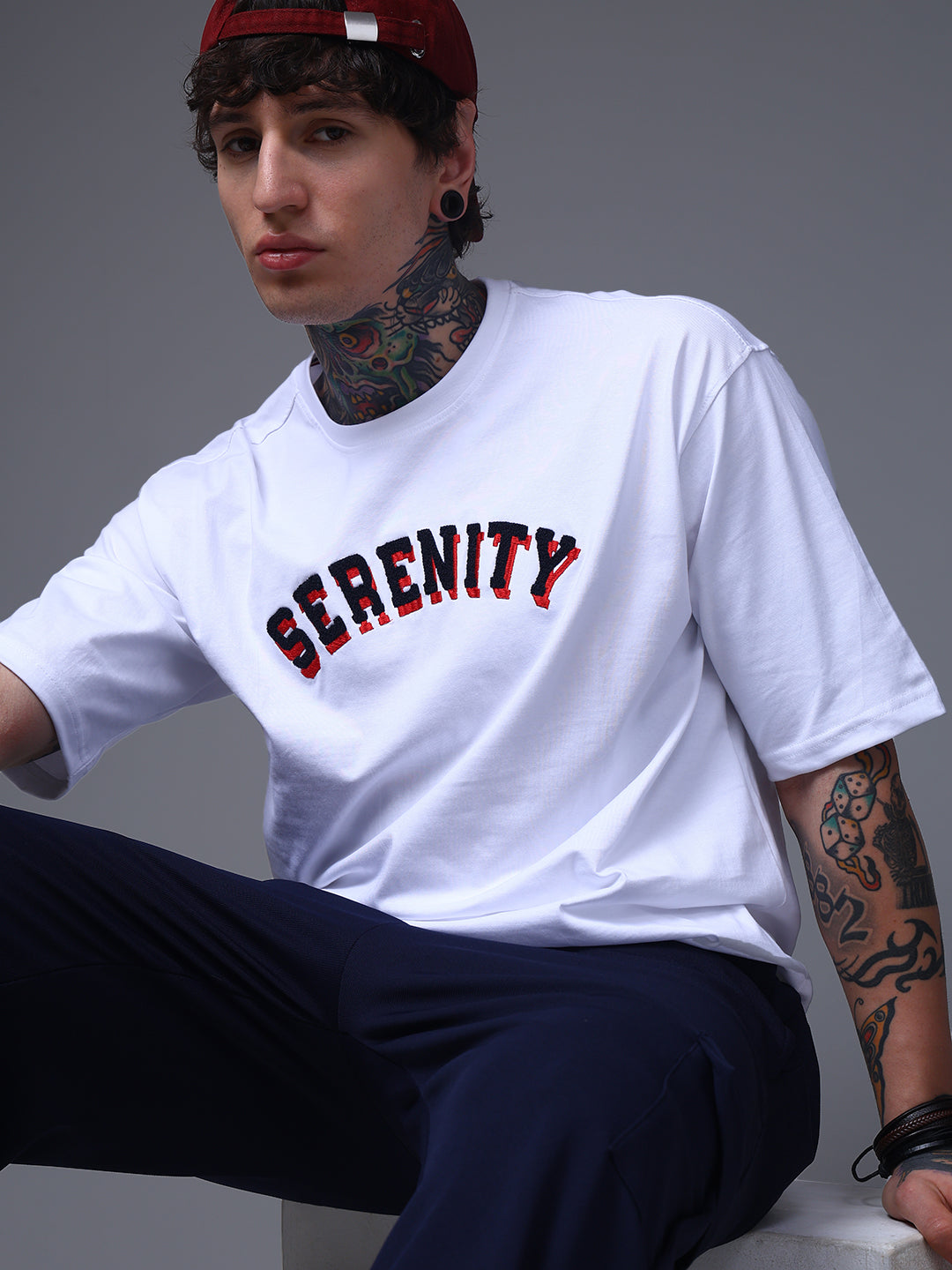 Men's Oversized Embroided Print White Tshirt