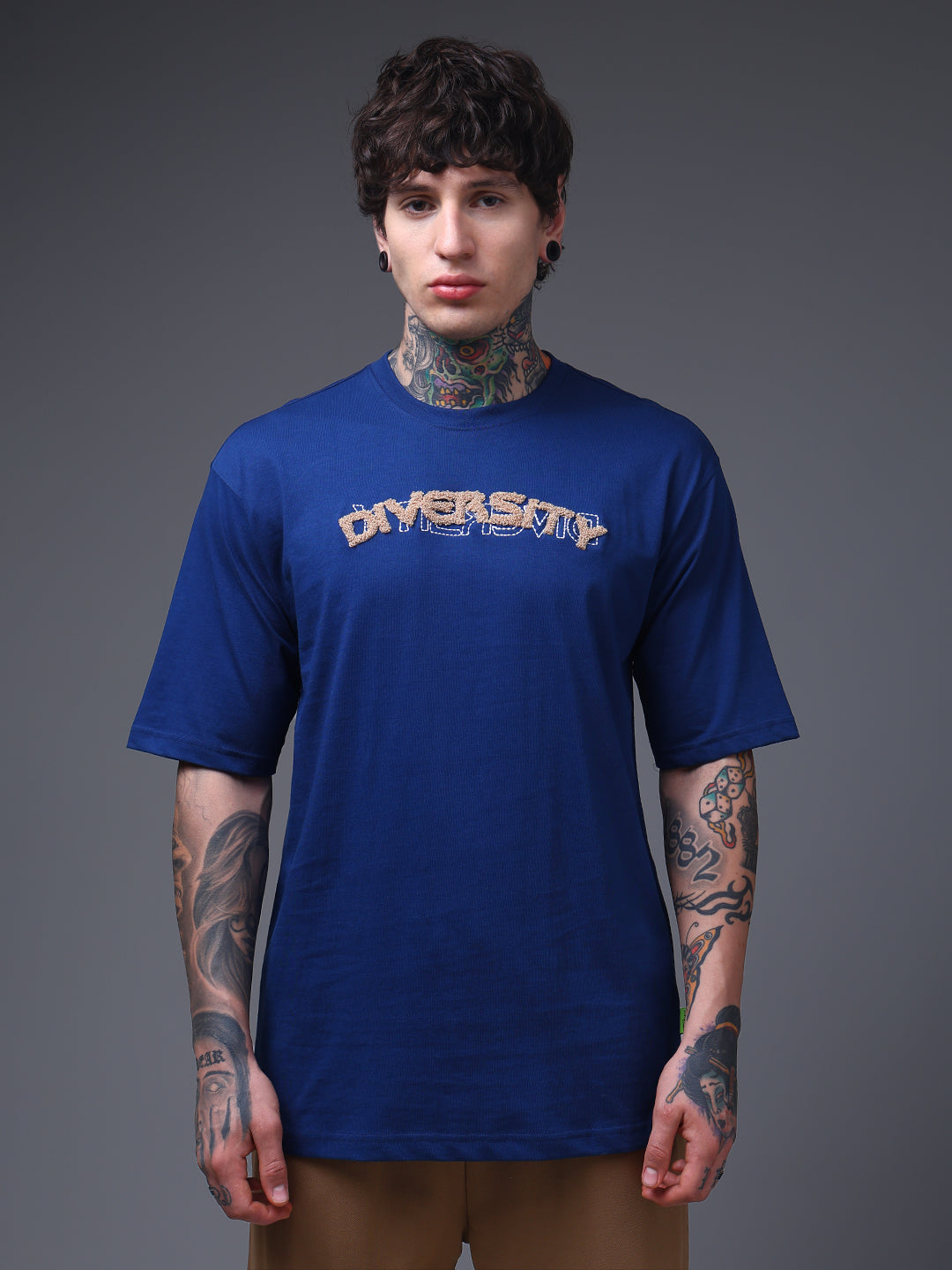 Men's Oversized Embroided Print Blue Tshirt