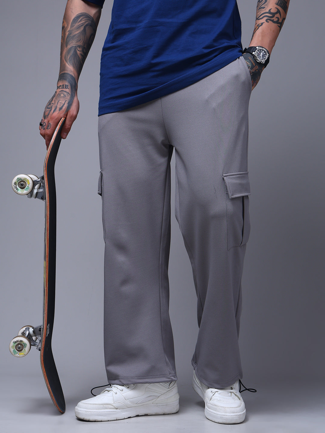 Men's Solid Light Grey Loose Fit Cargo Pants