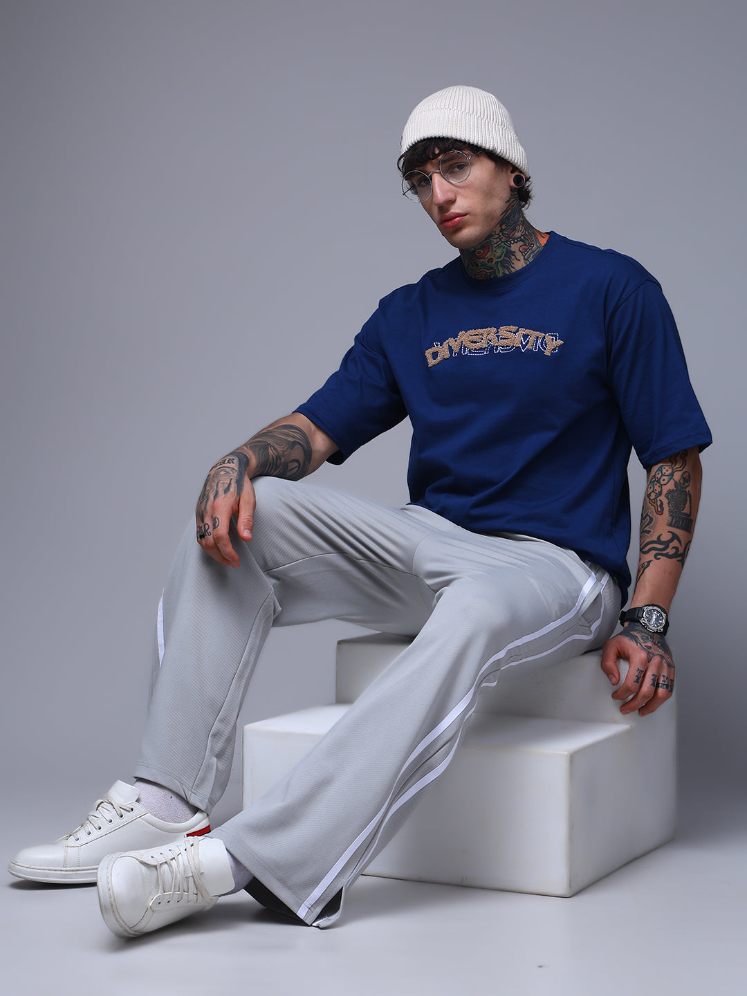 Men's Loose Fit Ice silver Side Tape TrackPants