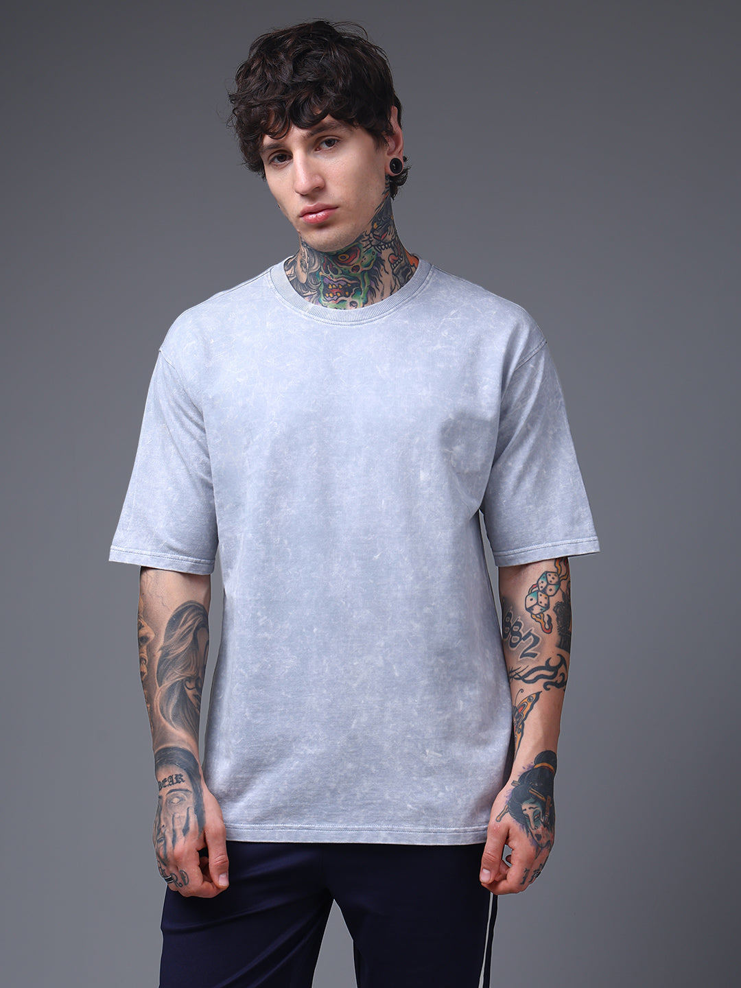 Men's Oversized Acid Washed Solid  Light Grey Tshirt