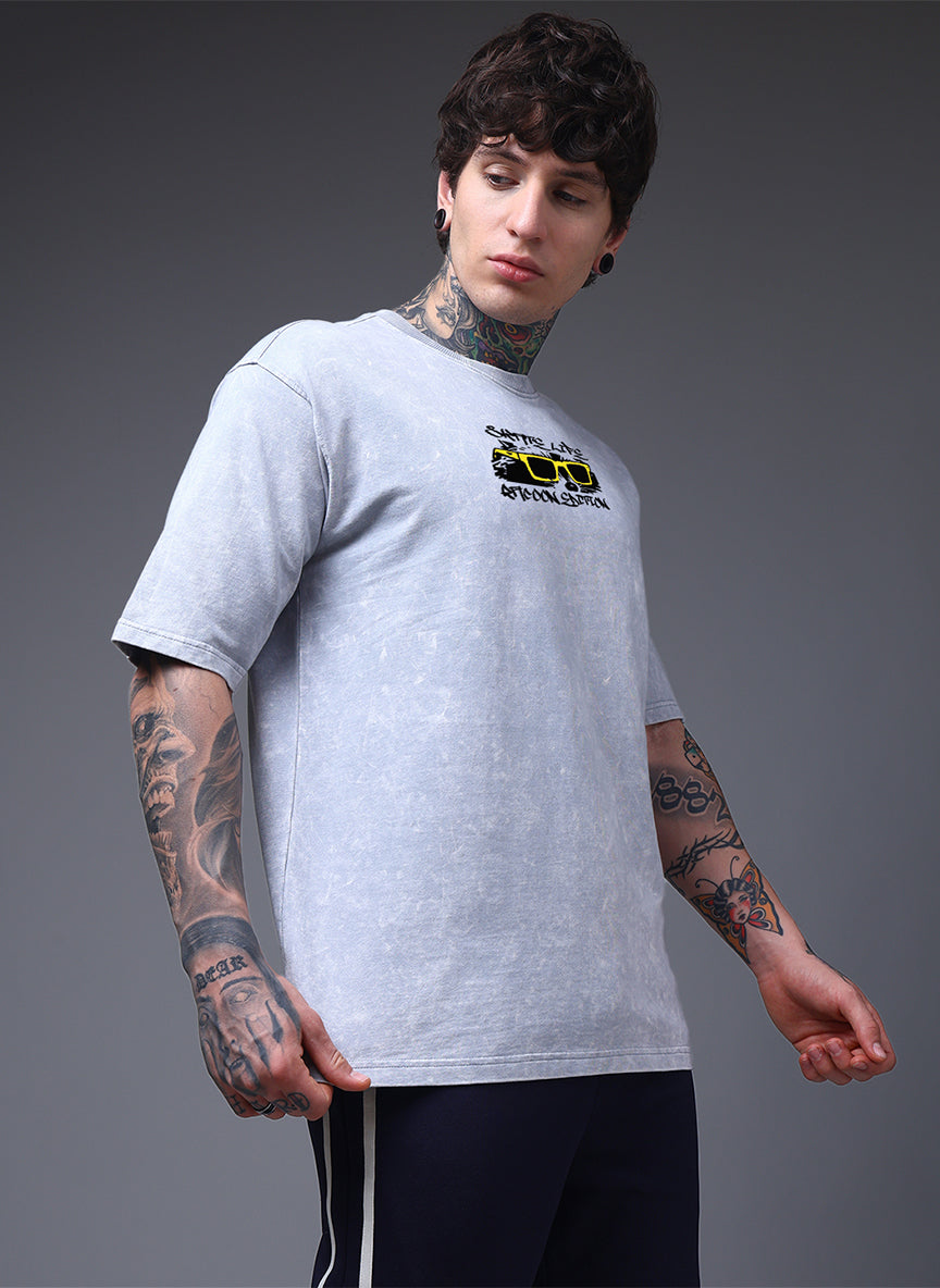 Grey Acid Wash Oversized T-Shirt with Street Graphic Print