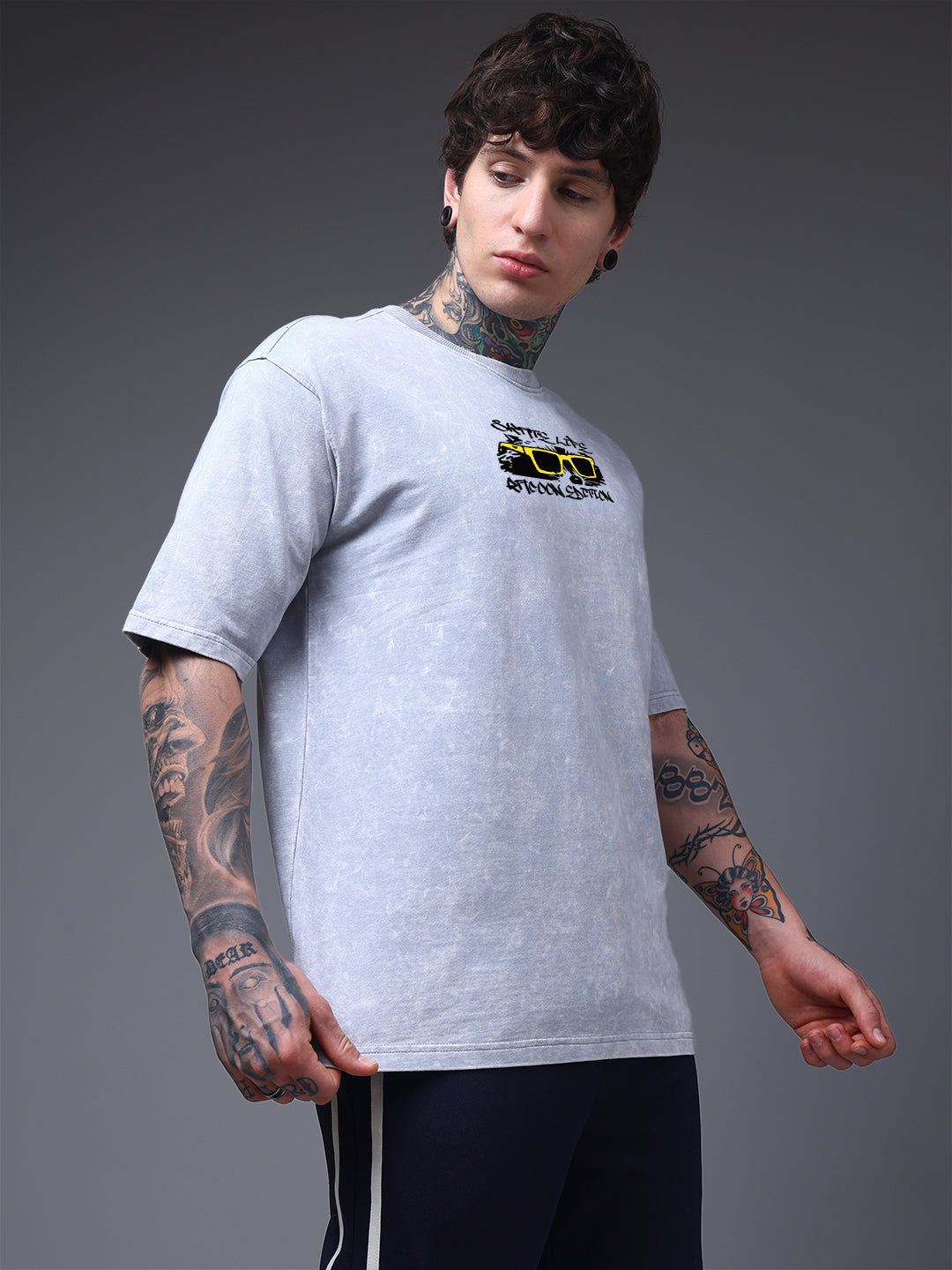 Grey Acid Wash Oversized T-Shirt with Street Graphic Print