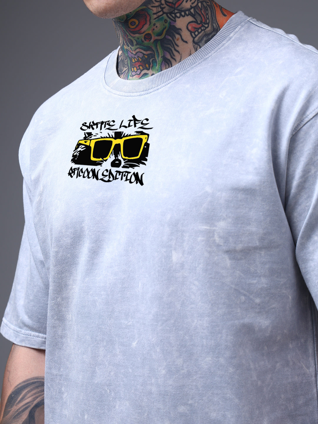 Grey Acid Wash Oversized T-Shirt with Street Graphic Print