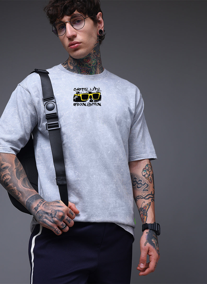 Grey Acid Wash Oversized T-Shirt with Street Graphic Print