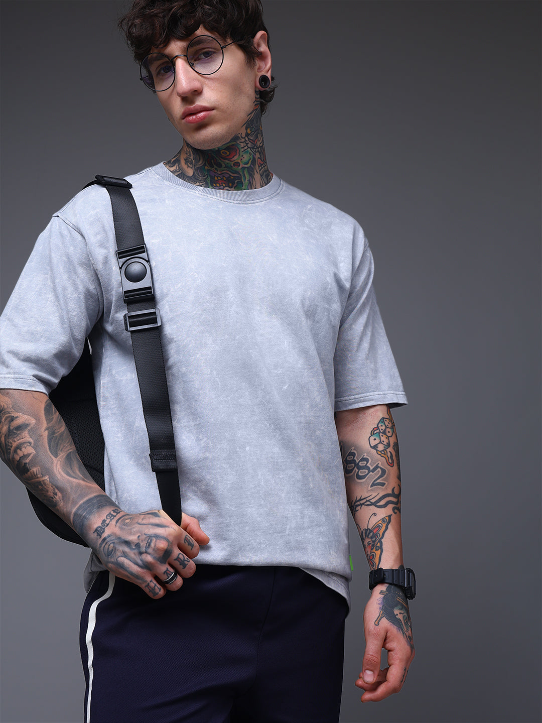Men's Oversized Acid Washed Solid  Light Grey Tshirt