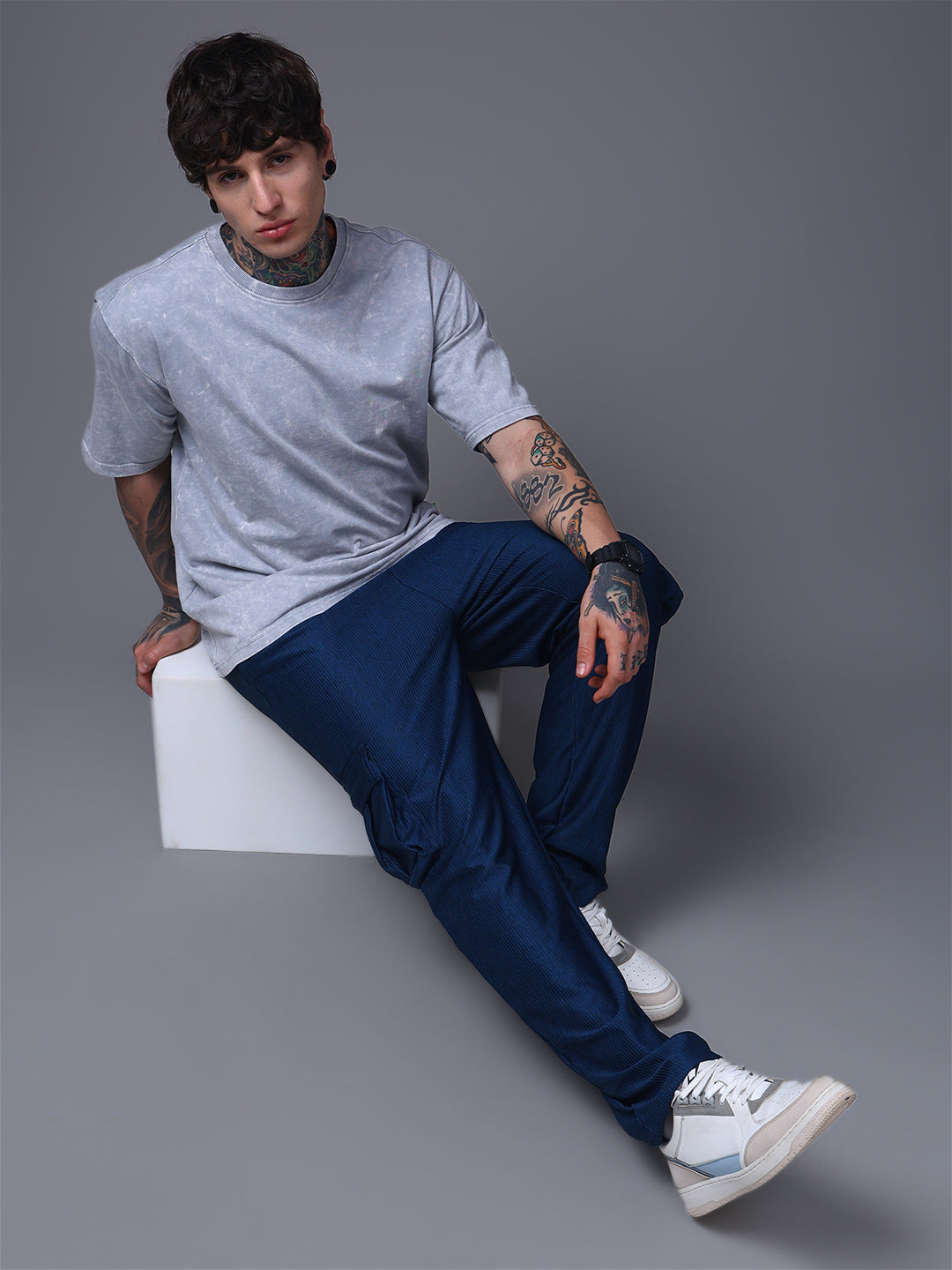 Men's Straight Fit Blue Cargo Trousers