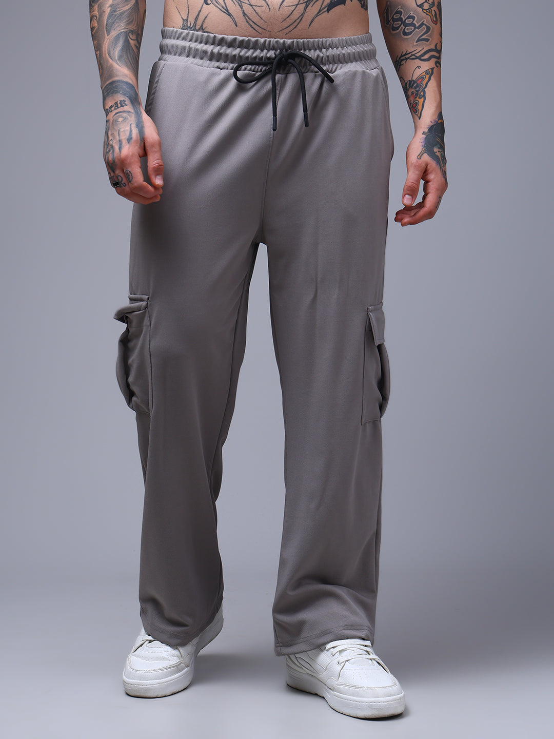 Men's Solid Light Grey Loose Fit Cargo Pants