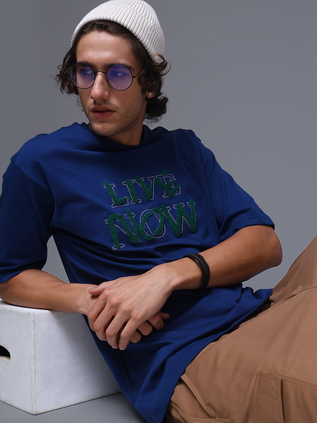 Men's Oversized Embroided Print Blue Tshirt