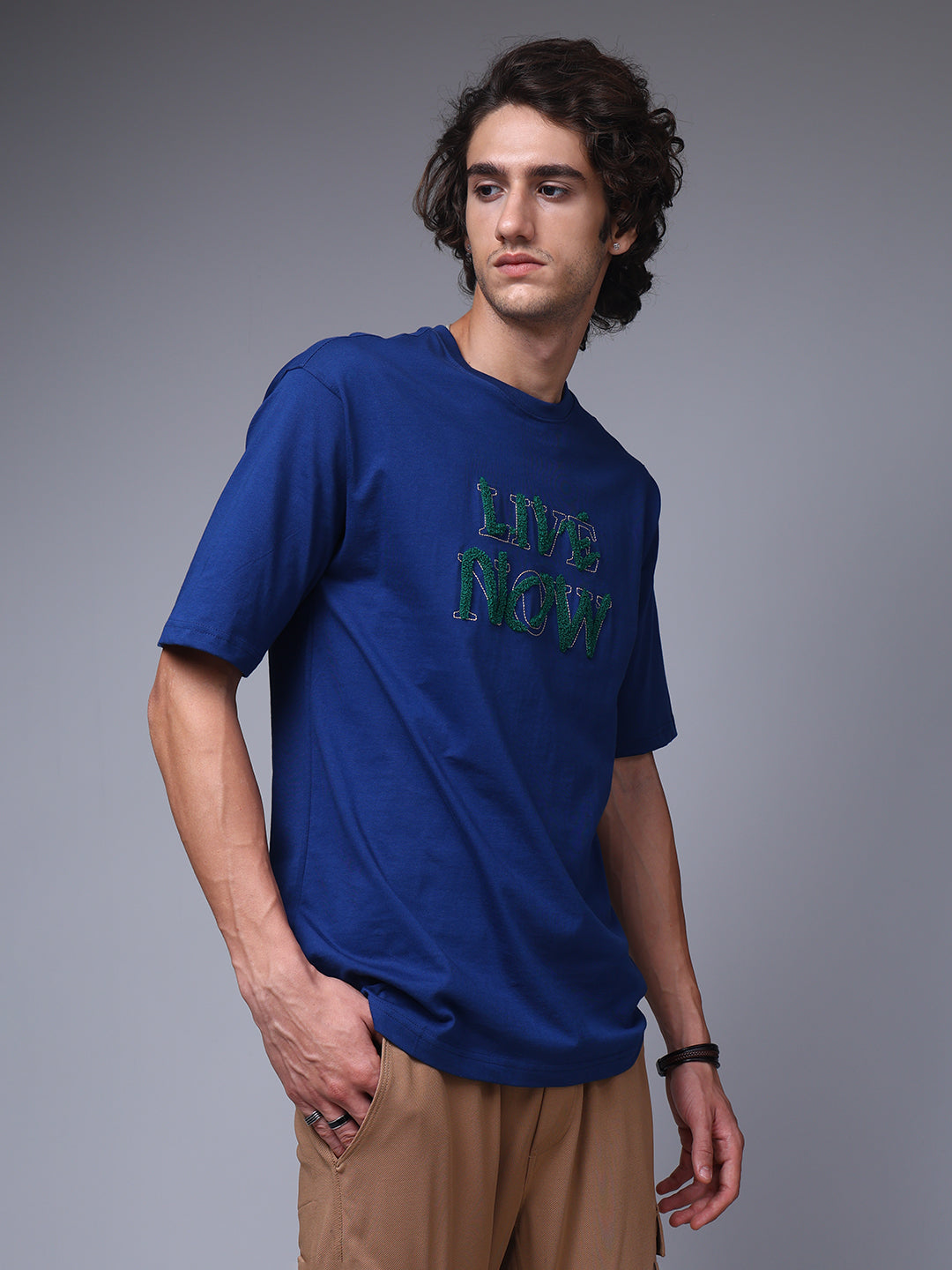 Men's Oversized Embroided Print Blue Tshirt
