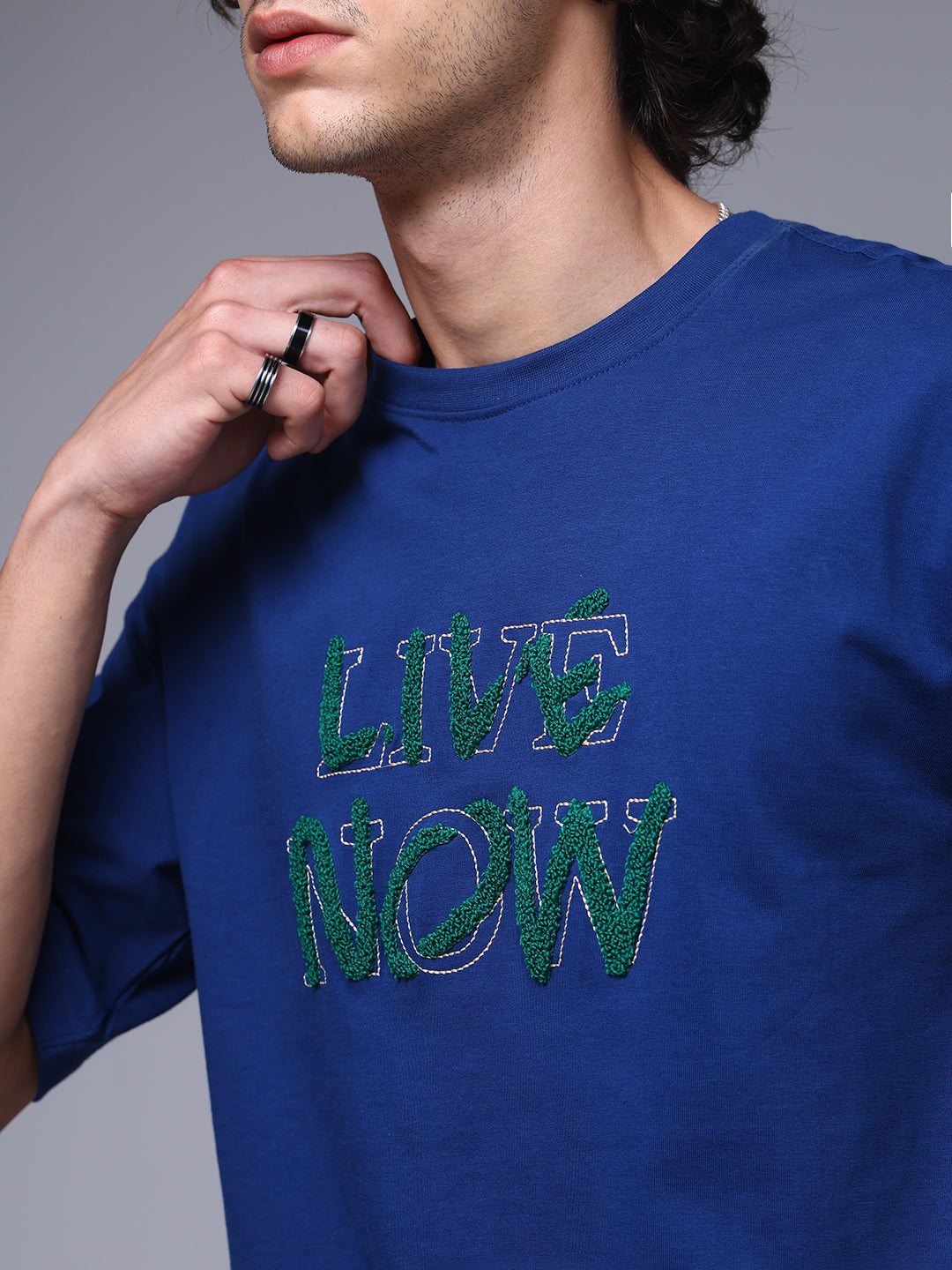 Men's Oversized Embroided Print Blue Tshirt
