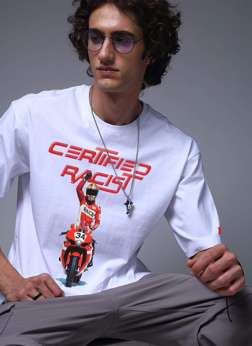 Men White Oversized Graphic Print Cotton T-Shirt
