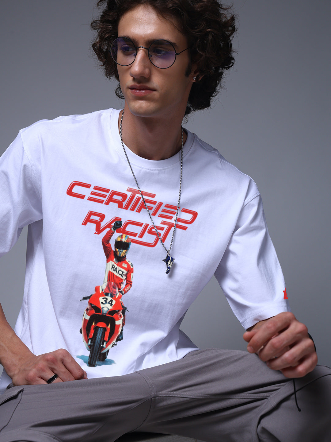 Men White Oversized Graphic Print Cotton T-Shirt