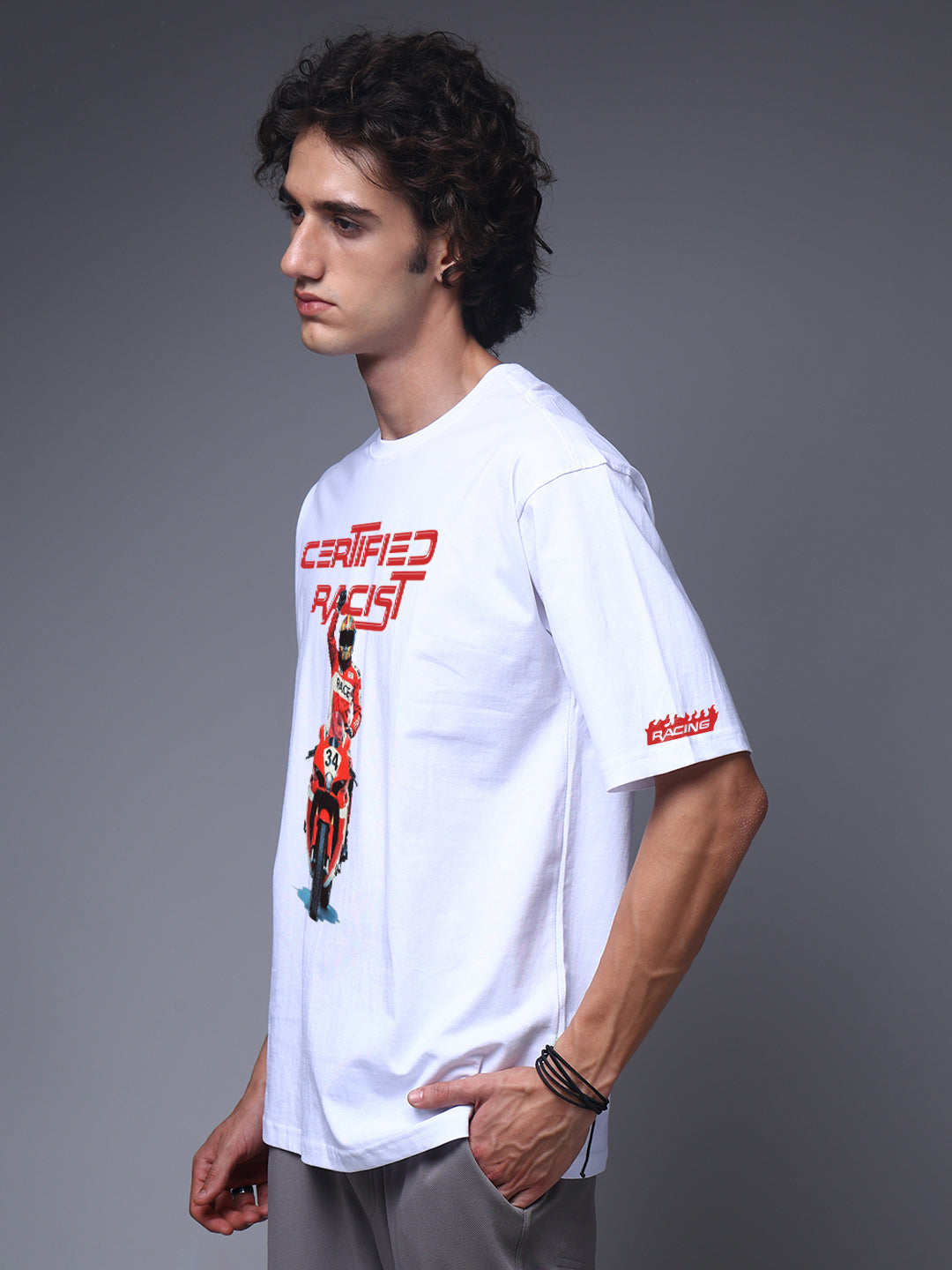 Men White Oversized Graphic Print Cotton T-Shirt