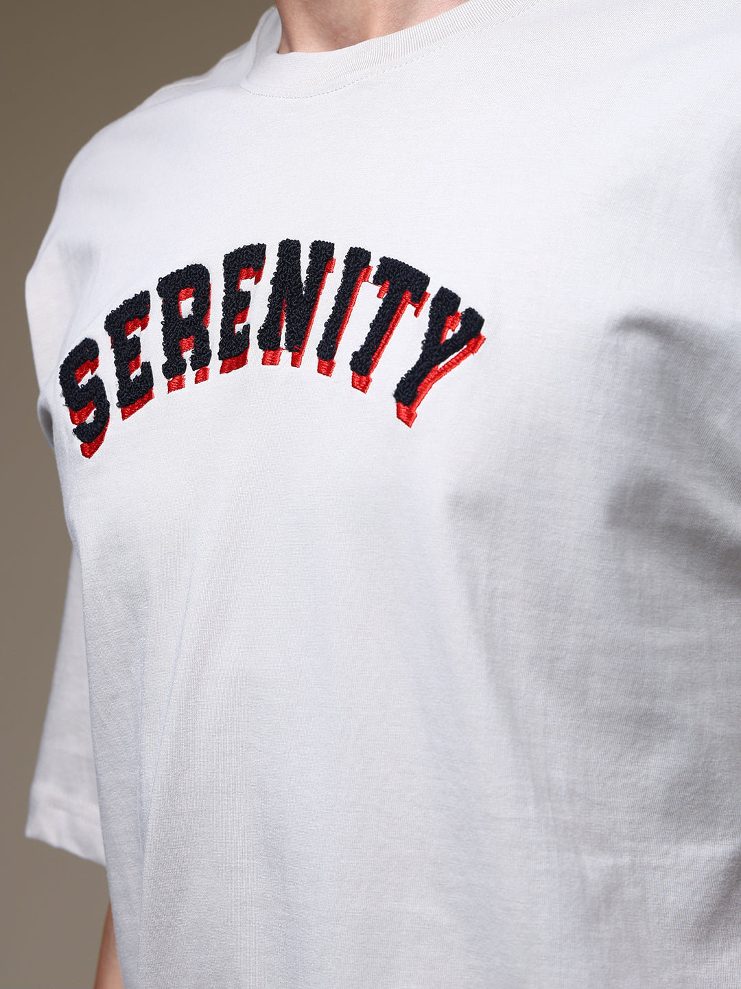 Men's Oversized Embroided Print Beige Tshirt