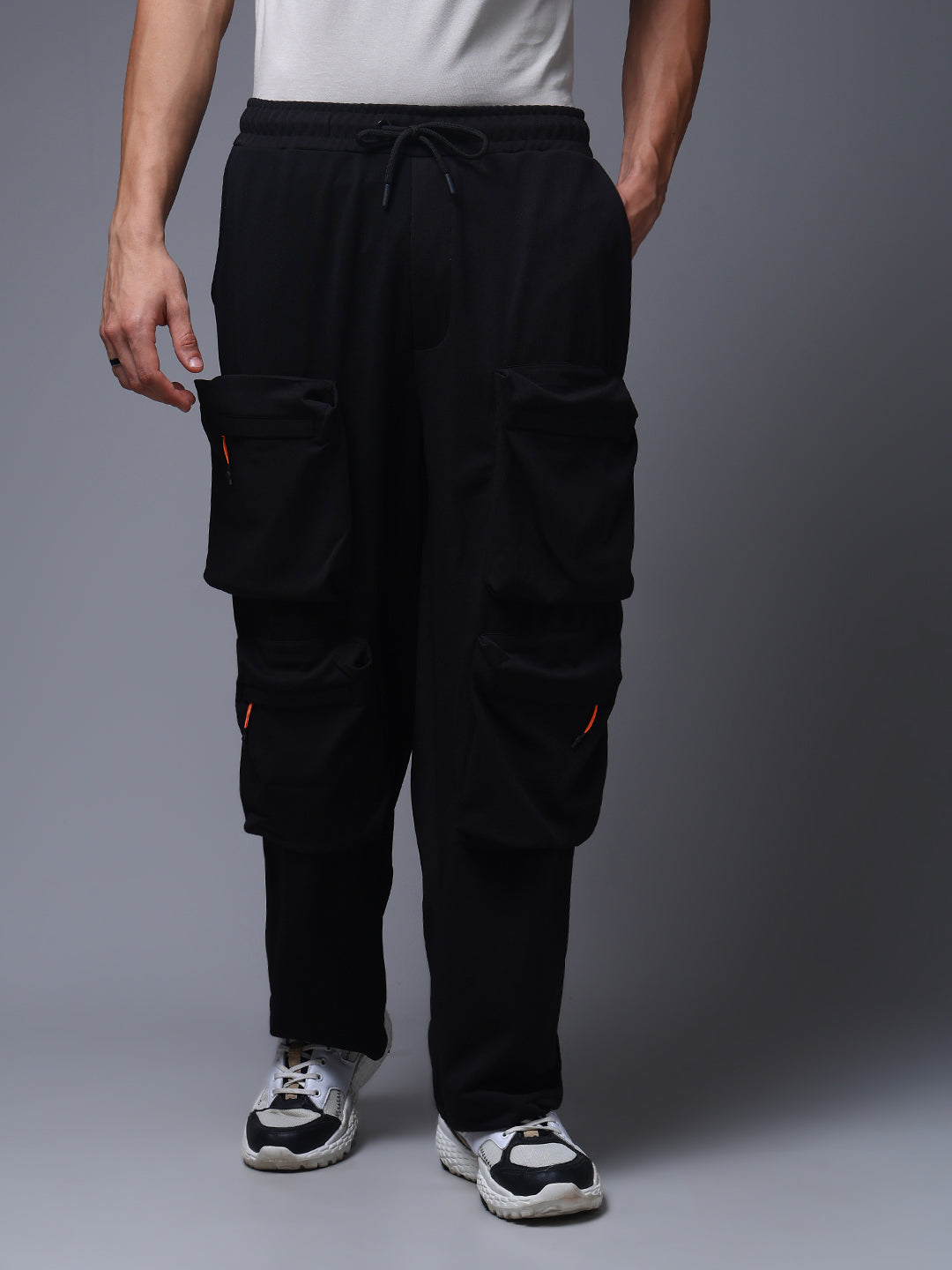 Men's Solid Black Multiple Pocket Pants