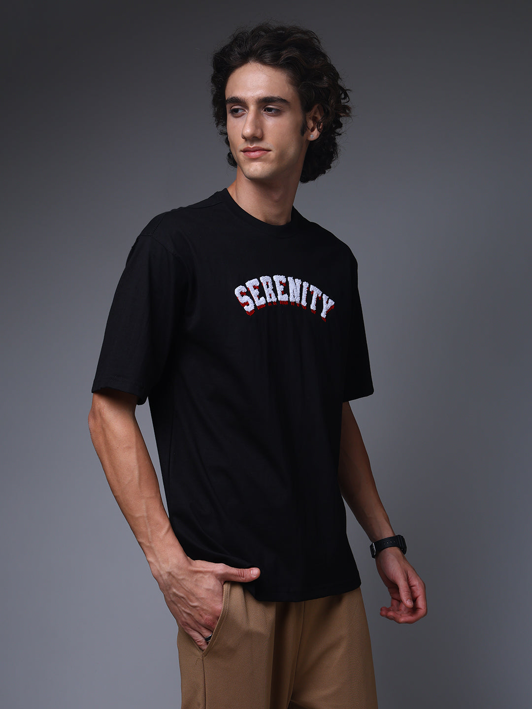 Men's Oversized Embroided Print Black Tshirt