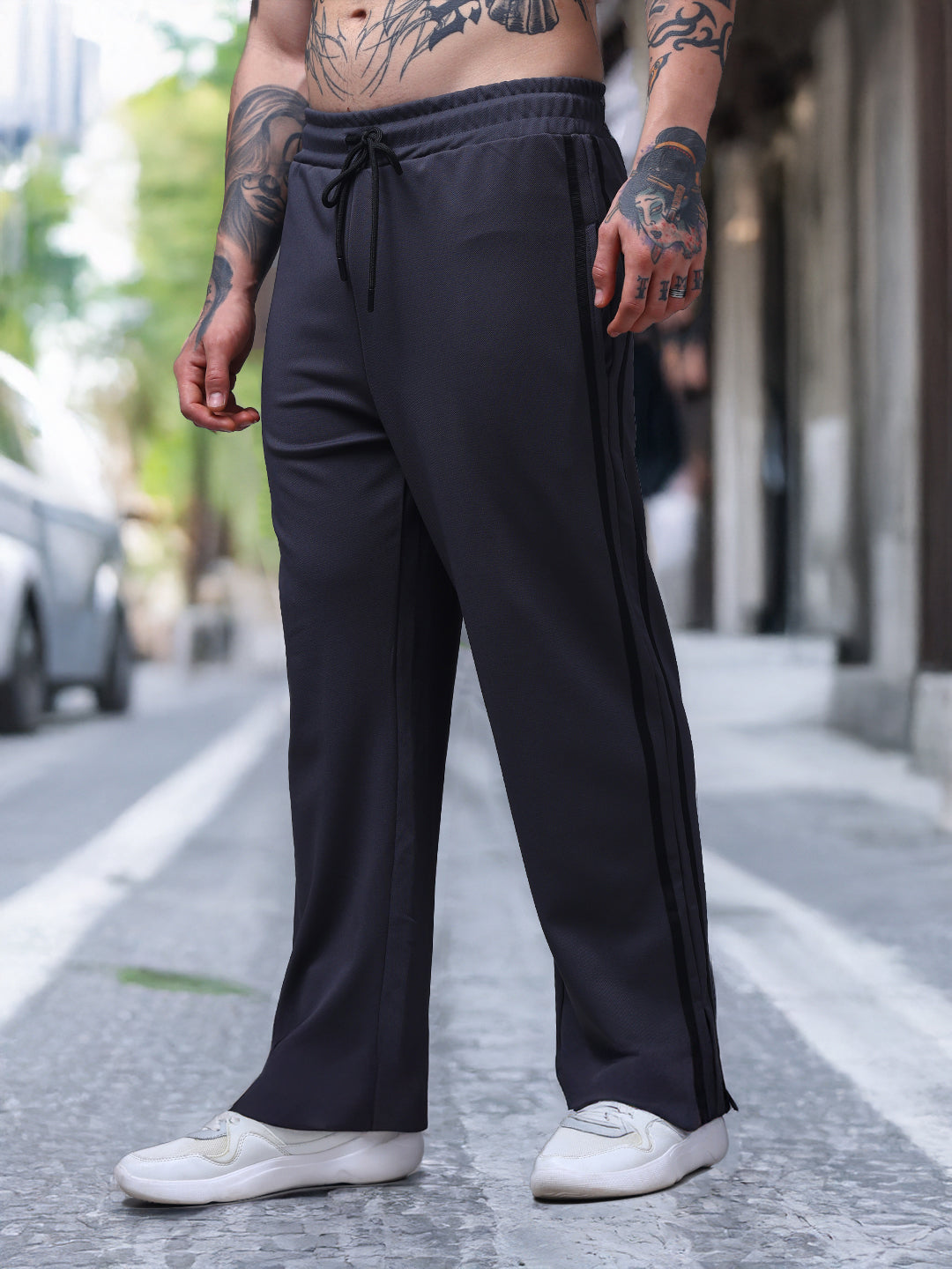 Men's Loose Fit Dark Grey Side Tape TrackPants