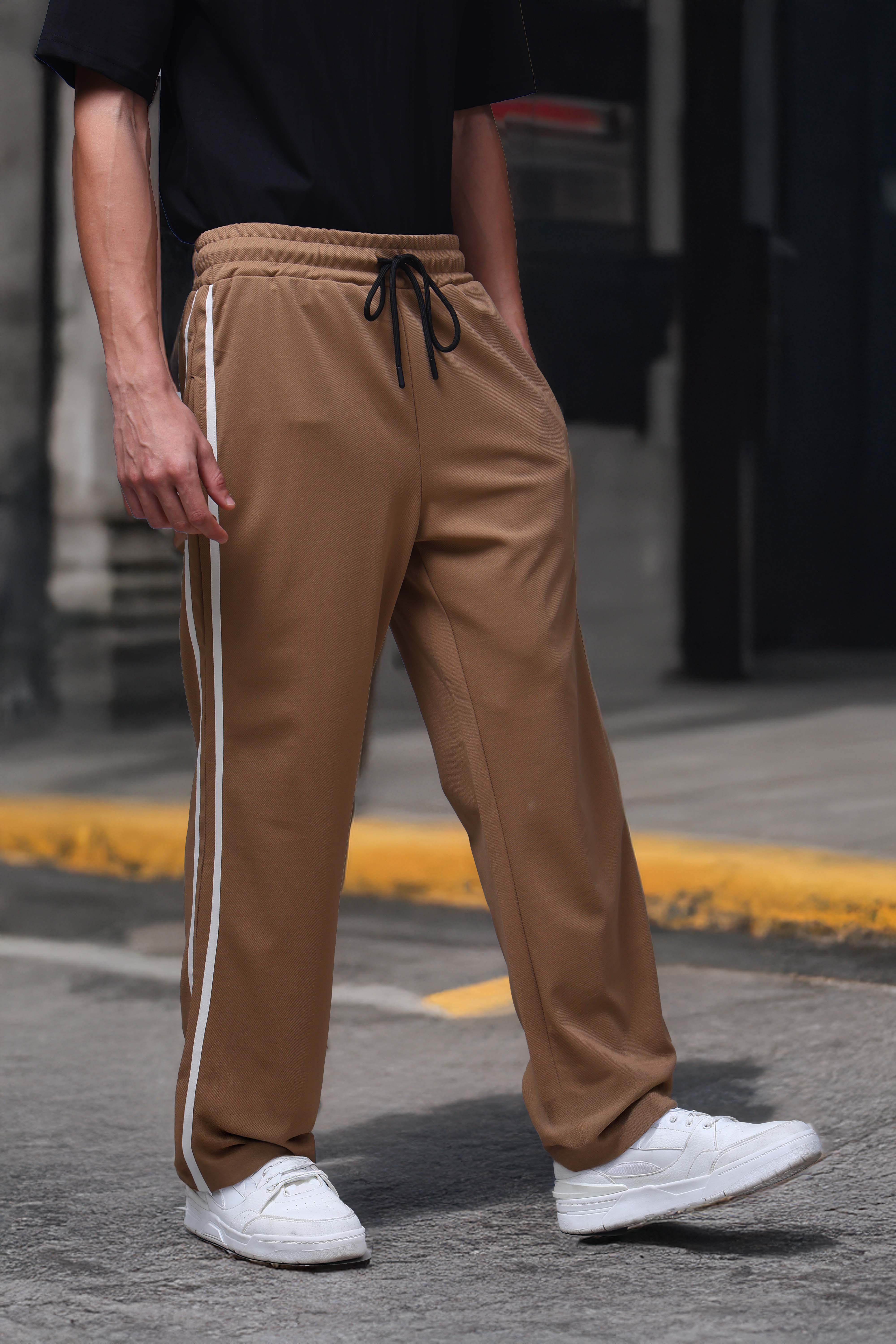 Men's Loose Fit Brown Side Tape TrackPants