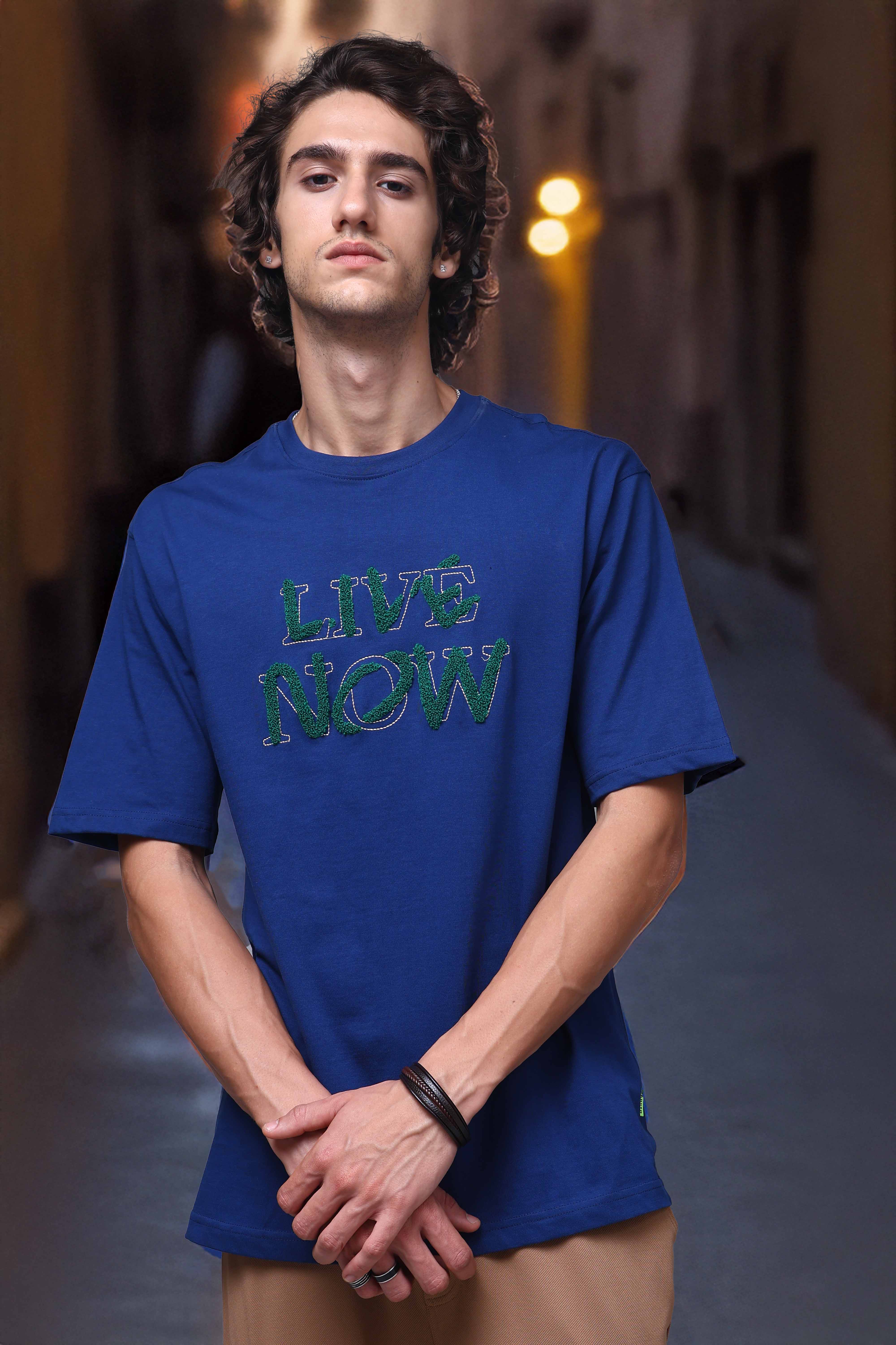 Men's Oversized Embroided Print Blue Tshirt